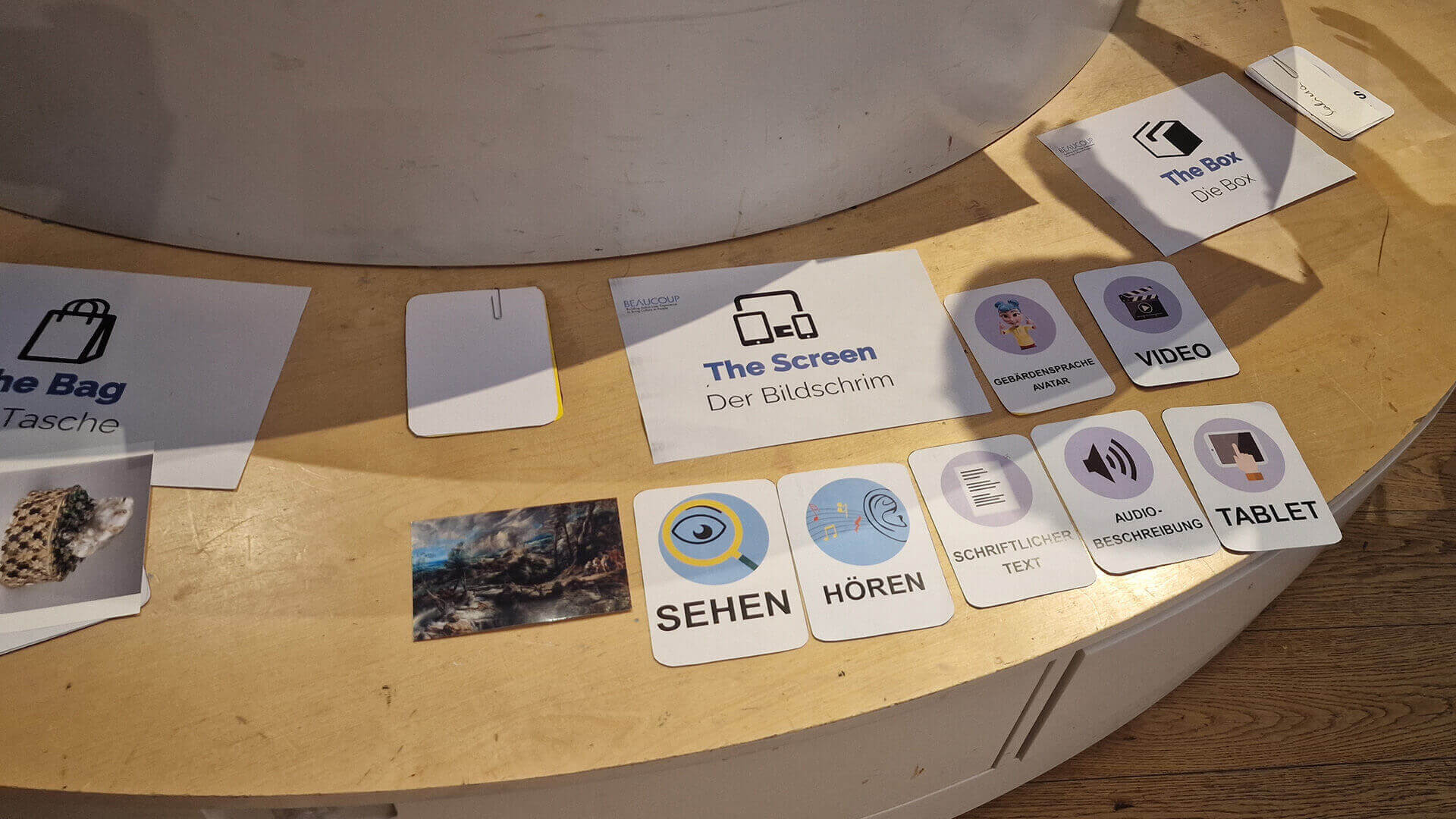 cards with symbols on bench